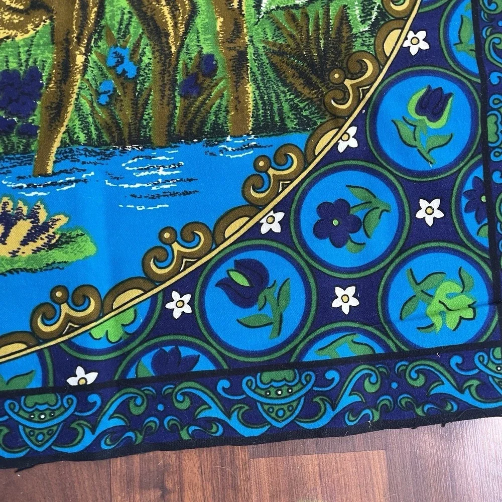 Vtg Tapestry Elk Deer MCM Blue Floral Velvet Wall Hanging 55x39‎ Mancave Lodge